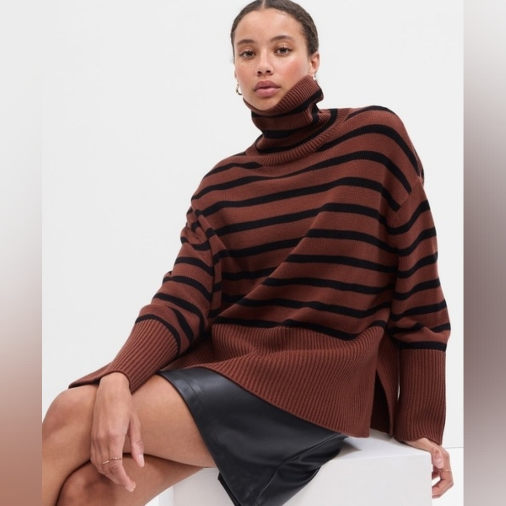 GAP 100% Cotton Striped Oversized  Boxy Side Splits Turtleneck Sweater Brown L